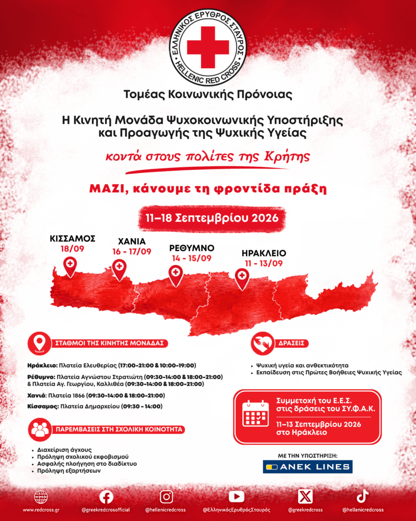 H Κινητή Μονάδα Ψυχοκοινωνικής Υποστήριξης και Προαγωγής της Ψυχικής Υγείας του Ελληνικού Ερυθρού Σταυρού στην Κρήτη